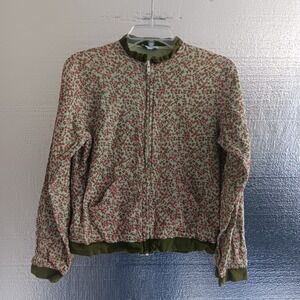 Ethnic Floral Cottage Bomber Jacket Womens SZ M Green Pink Light Zip